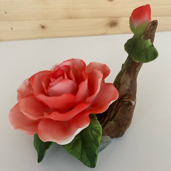 Vintage Coral Pink Porcelain Rose Figurine on Branch with Leaves Blooming Rose - Picture 1 of 9